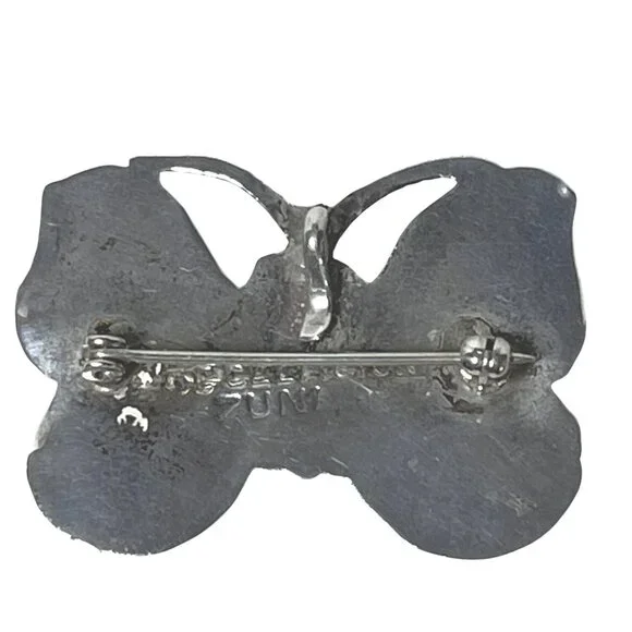 Zuni Native American Inlay Gemstones Butterfly Pin Brooch Pendant Signed Silver - Picture 7 of 13